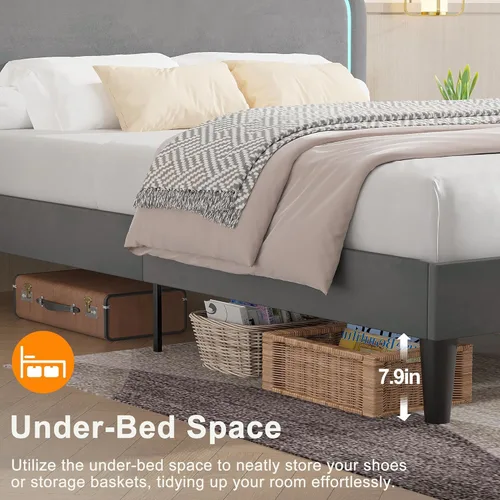 Miniatura 7 de VECELO Base de cama tapizada tamaño Queen con cabecero ajustable, luces LED, USB-A y tipo C, plataforma de terciopelo sin ruido, base de colchón