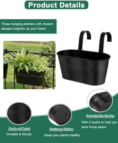 Miniatura 3 de Macetas de barandilla de metal para plantas al aire libre – 5 macetas colgantes de balcón con ganchos desmontables y agujeros de drenaje, macetas