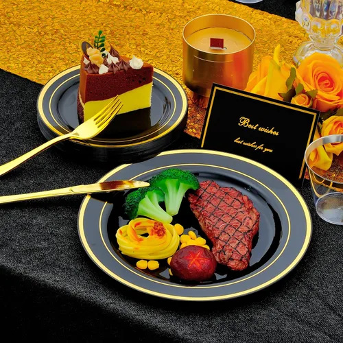 Miniatura 15 de Juego de vajilla de oro de 175 piezas para 25 invitados, platos desechables de plástico blanco con borde dorado resistentes para fiesta y boda