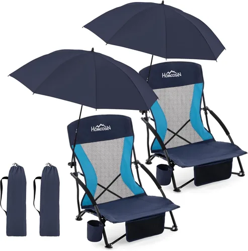 Miniatura 21 de Homcosan Silla de playa portátil baja plegable con paraguas desmontable, silla de campamento ligera para adultos con portavasos y bolsillo