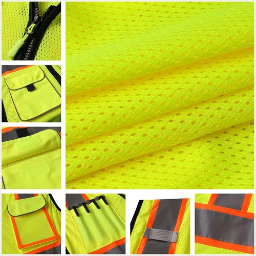 Miniatura 4 de Chaleco de seguridad para mujeres, chaleco de trabajo reflectante de alta visibilidad con 9 bolsillos múltiples y cremallera Amarillo