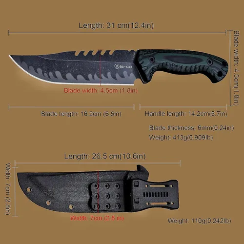 Miniatura 6 de BA-KOR Cuchillo de Caza de Hoja Fija Full Tang de 12.4 Pulgadas – Acero 9CR18MoV de 6mm, Mango G10, Hoja con Sierra Dentada en el Lomo con Acabado