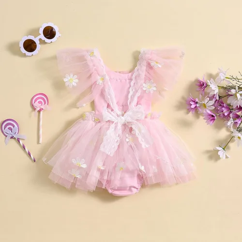 Miniatura 3 de Ursobutegl Mameluco de princesa para bebé recién nacida, vestido de malla bordado, elegante, tutú con falda, overol para cumpleaños