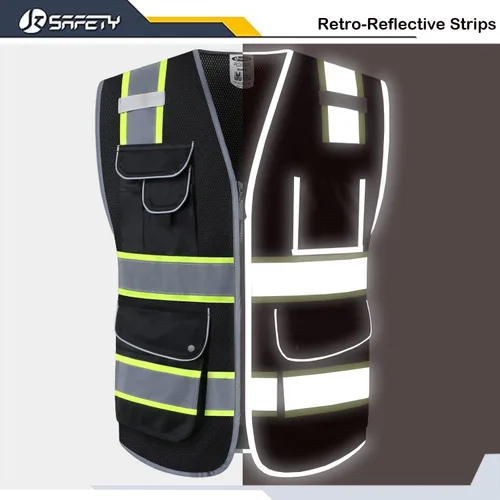 Miniatura 3 de JKSafety Chaleco de seguridad frontal de malla con 9 bolsillos en negro de alta visibilidad Negro con tiras reflectantes de doble tono Cumple