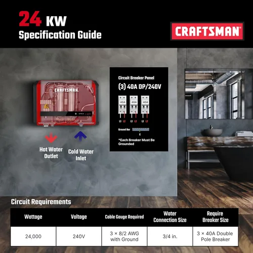 Miniatura 5 de CRAFTSMAN Calentador de agua eléctrico sin tanque de 24 kW, 240 voltios, 3.74 GPM, tecnología auto-modulante multiaplicación para toda la casa, agua