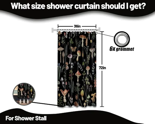 Miniatura 4 de Cortina de ducha de hongos, bonito juego de cortinas de ducha de hongos negros para decoración de baño, tela de poliéster impermeable con ganchos