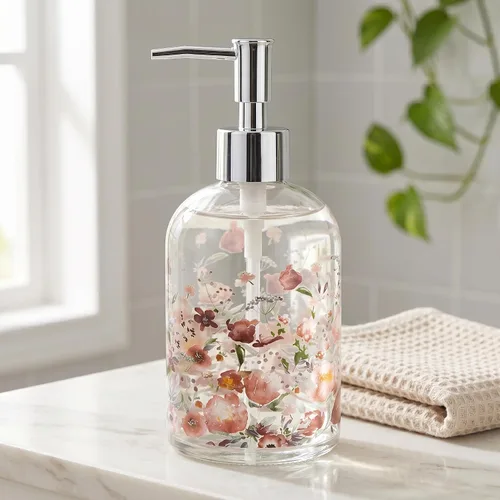 Miniatura 13 de Topadorn Dispensador de jabón de vidrio de 17 onzas con bomba, impresión floral de acuarela Enjoy the Day, botella líquida recargable para cocina