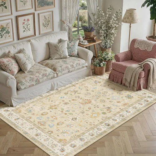 Miniatura 36 de HUGEAR Alfombra de entrada de 2 x 3 pulgadas, vintage, beige, pequeña, lavable a máquina, retro, floral, alfombra de pelo bajo, aspirable