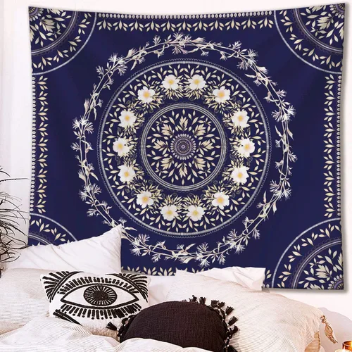 Miniatura 2 de Lifeel - Tapiz bohemio azul para colgar en la pared, tapiz hippie de mandala, medallón floral con diseño de corona estética blanca, manta decorativa