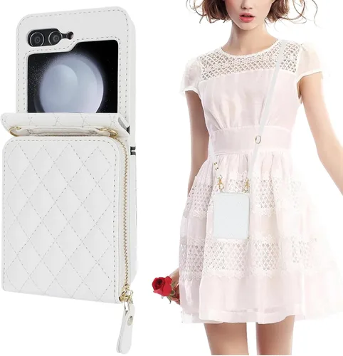 KIHUWEY Funda tipo cartera para Samsung Galaxy Z Flip 5, bolso cruzado con cremallera con ranura para tarjeta de crédito, bloqueo RFID, correa Blanco