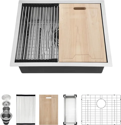 Miniatura 29 de Kichae fregadero de cocina bajo encimera de 32 pulgadas, de un solo tazón, de acero inoxidable, calibre 16, de esquina redonda, hecho a mano