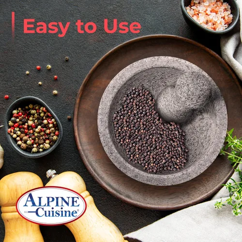 Miniatura 2 de Alpine Cuisine Juego de molcajete de mortero y mortero de granito de 8 pulgadas, granito sin pulir, tazón de molinillo de especias para salsa