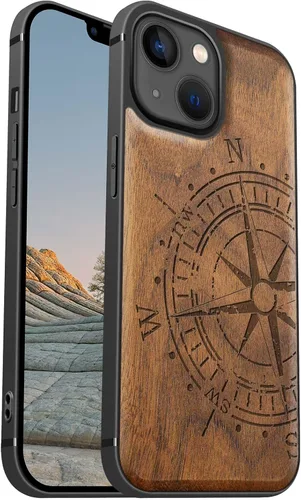 Miniatura 12 de Carveit Funda magnética de madera para iPhone 13 [madera real dura y TPU suave] Funda protectora híbrida de madera única y elegante a prueba