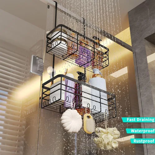 Miniatura 6 de HapiRm Organizador de ducha colgante - Organizador de ducha sin perforaciones con ganchos, estantes de baño de acero inoxidable 304 a prueba de Negro