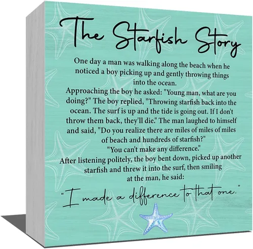 Starfish Story - Decoración motivacional de escritorio, decoración de agradecimiento de voluntarios, caja de madera azul, letrero de historia de