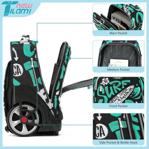 Miniatura 66 de NEW TILAMI Mochila con ruedas de 19 pulgadas con bolsa de almuerzo para niñas y niños, mochila para laptop con ruedas, bolsa de mano duradera