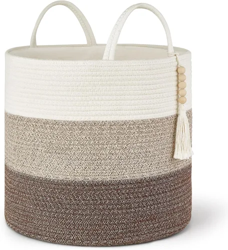 Miniatura 20 de Mkono Cesta Alta de Mimbre para Ropa Sucia Cesta de Almacenamiento Tejida Cesta Decorativa de Cuerda Natural Decoración de Cuentas de Madera
