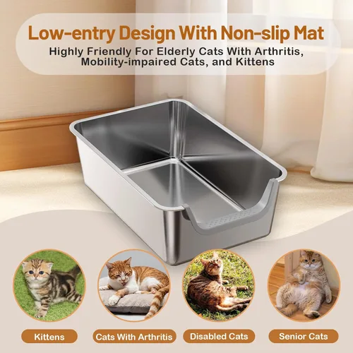 Miniatura 5 de Caja de arena XL de acero inoxidable para gatos, a prueba de fugas, bandeja de arena de metal de 7.9 pulgadas de alto, no se pega, antideslizante