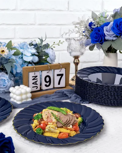 Miniatura 8 de YOUBET Paquete de 50 Platos de Plástico Azul Festoneados - Platos Desechables Azul Marino de 10.25 Pulgadas con Borde Dorado - Plato de Cena Vintage