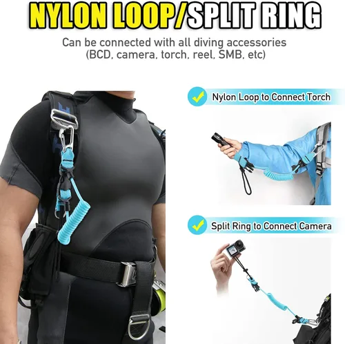 Miniatura 4 de Buceo bobina Landyard, cordón de acero inoxidable para cámara en espiral con hebilla de metal de liberación rápida Azul claro