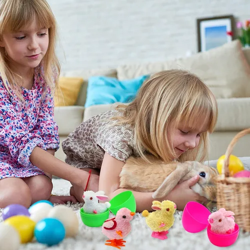 Miniatura 5 de Tuzuaol Paquete de 8 huevos de Pascua precargados con coloridos conejitos y pollitos saltadores de cuerda para rellenos de cestas de Pascua, huevos