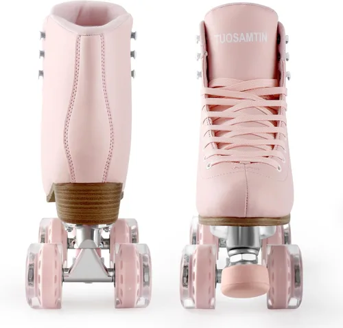 Miniatura 6 de Patines TUOSAMTÍN para mujeres y niñas con topes de goma ajustables en altura, lindos patines retro cuádruples para exteriores e interiores Rosa