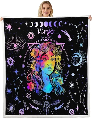 Miniatura 15 de Manfei Acuario - Manta de astrología trippy para niños y niñas, decoración de habitación de doce constelaciones, manta de forro polar suave