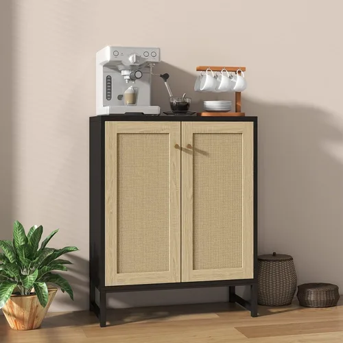 Miniatura 2 de Panana Gabinete de almacenamiento de ratán decorado con 2 puertas, gabinete de acento para sala de estar, armario de cocina, aparador de buffet Negro