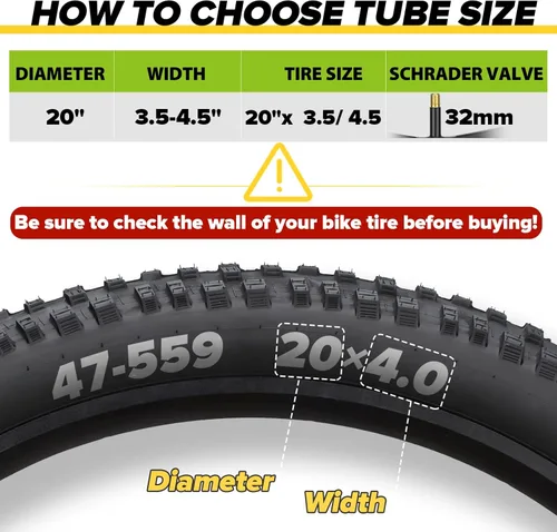 Miniatura 2 de 1/2/4 Pack 20x4 26x4.0 Fat Bike Tube with AV 32mm Schrader Valve, Premium Butyl Rubber Fat Tire Bike Tubes with Tire Levers, 20, 26x3.5-4.5 Bike