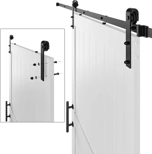 Miniatura 7 de Puerta corrediza de granero MDF de 48 x 80 pulgadas con kit de herrajes para puerta de granero de 8 pies y asa, agujeros preperforados, fácil Blanco
