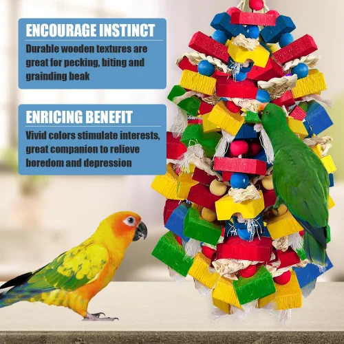 Miniatura 6 de Juguetes de loros para pájaros grandes, bloques de madera multicolor para masticar, jaula de loro, juguete para mordeduras para guacamayos