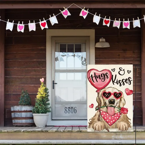 Miniatura 4 de AVOIN colorlife Bandera de jardín de perro para el día de San Valentín, 12 x 18 pulgadas, Golden Retriever Hugs Kisses de doble cara, aniversario