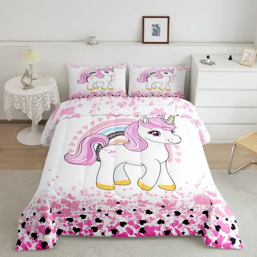 Miniatura 4 de Feelyou Juego de ropa de cama de unicornio para niñas, bonito edredón con purpurina de unicornio de dibujos animados arco iris para niños, juego