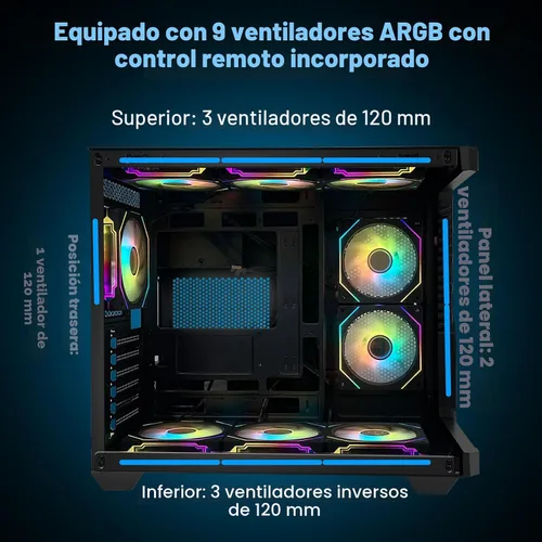 Miniatura 6 de SZSKYING Funda para PC ATX Mid-Tower Gaming con 9 ventiladores ARGB con control remoto, vidrio templado, radiador de 14.173 in, tipo C, negro.