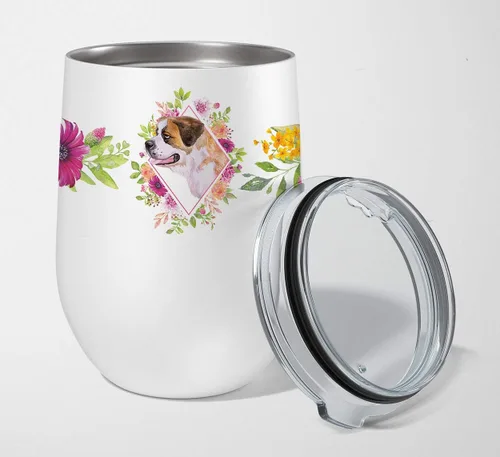 Miniatura 119 de Caroline's Treasures CK4110TBL12 Afghan Hound Pink Flowers - Vaso de vino aislado de acero inoxidable de 12 onzas con tapa, bonita taza de viaje