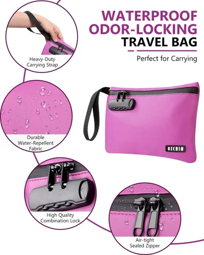 Miniatura 15 de OZCHIN Bolsa a prueba de olores con cerradura de combinación de 10 x 7 pulgadas, bolsa de bloqueo de piel sintética impermeable con cerradura, gran