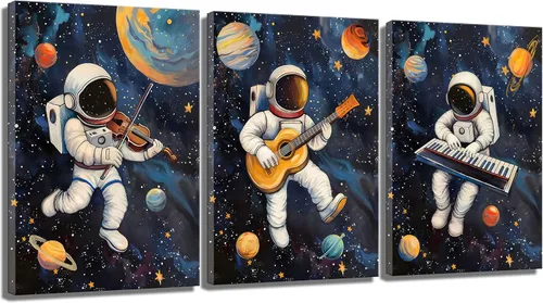 3 piezas de arte de pared de astronauta espacial musiic lienzo lindo astronauta músico decoración imágenes divertidas piano guitarra violín carteles