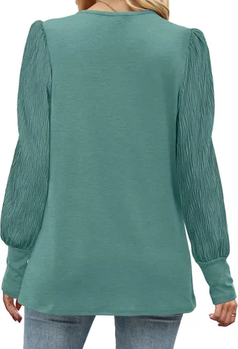 Miniatura 5 de XIEERDUO Camisas de manga larga plisadas con cuello redondo y manga abombada para mujer