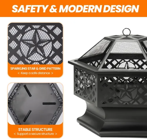 Miniatura 4 de Panovue Fogata Hexagonal de 28 Pulgadas, Fogatas de Leña para Exteriores con Pantalla Contra Chispas y Atizador, Fogata Hexagonal de Metal