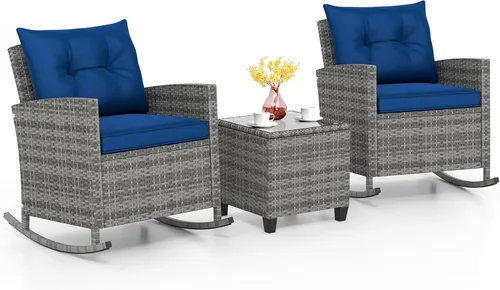 Miniatura 10 de KOTEK Juego de 3 piezas de muebles de patio, mecedoras de mimbre para exteriores y mesa de cristal, juego de conversación de ratán PE para porche