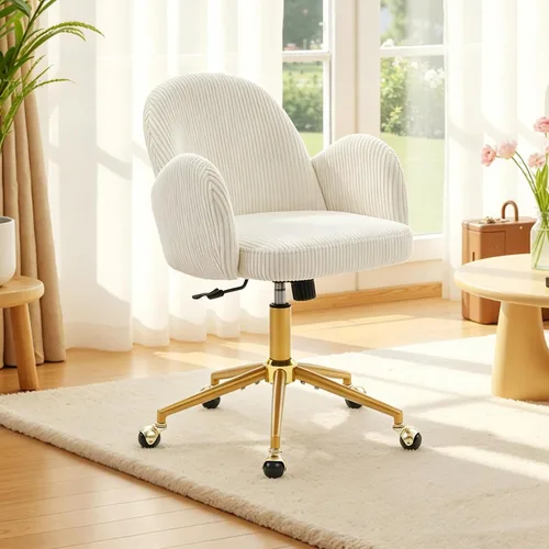 Silla de tocador con ruedas, silla de tocador de pétalos con respaldo y patas de metal dorado entrecruzadas, silla de escritorio para oficina en