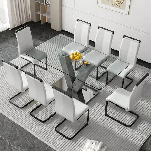 Miniatura 21 de Juego de mesa de comedor de vidrio de 71 pulgadas para 6, juego de mesa de comedor para 6, mesa de cocina moderna y 6 sillas de PU, parte superior 6