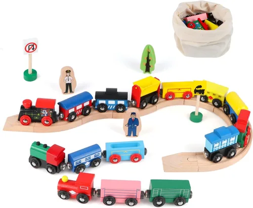 31 piezas de vagones de tren de madera - Juego de tren magnético incluye 15 vagones, 10 conectores de bonificación y bolsa de almacenamiento, juego