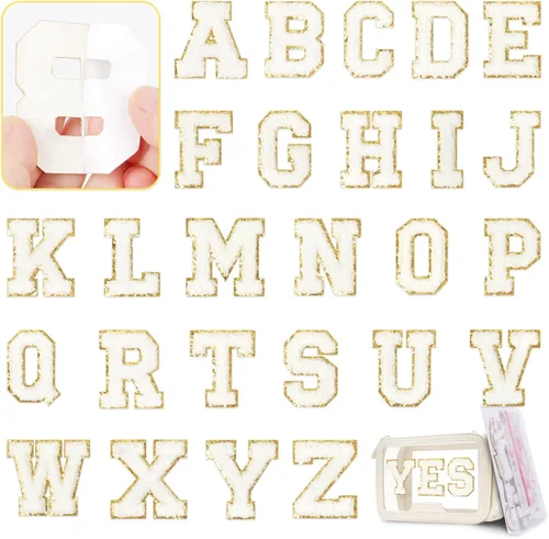 KINGSOW Parches de letras autoadhesivas blancas: Parche bordado con apliques de letras universitarias de chenilla
