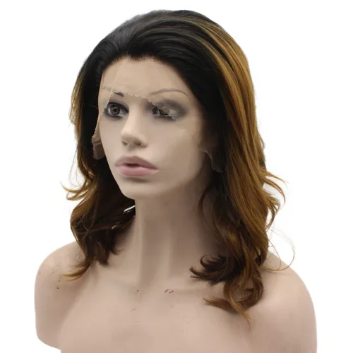 Miniatura 3 de Mxangel - Peluca de encaje frontal suizo rubio ondulado medio largo con raíces negras, ombré
