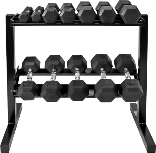 WF Athletic Supply Juego de mancuernas hexagonales con revestimiento de goma con estante de almacenamiento de dos niveles de alta calidad, Juego de