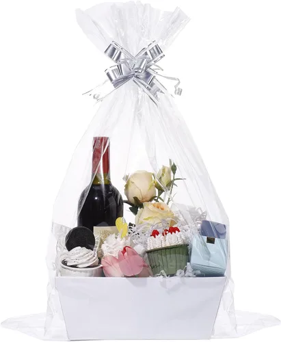 MADHOLLY Juego de 6 cestas vacías para regalos, resistente juego de cesta de regalo de papel kraft con envoltura de celofán y lazos para bodas, baby