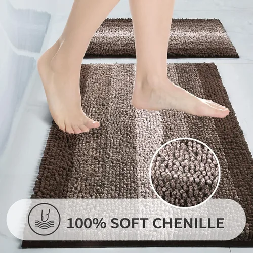Miniatura 2 de Gibelle Juego de 2 alfombras de baño marrones, juego de alfombras de baño antideslizantes de felpilla, alfombra absorbente para ducha y baño, tapete