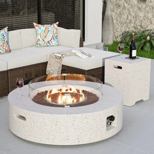 Miniatura 16 de COSIEST mesa de fogata a propano para exteriores de 35 pulgadas cuadrada de arenisca con protector contra el viento y mesa lateral, certificada