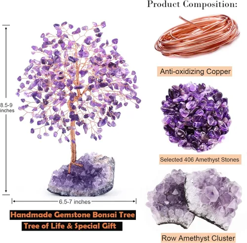 Miniatura 3 de Piedra preciosa natural (406 piedras), árbol de la vida de cristal de amatista, equilibrio de chakras, energía positiva Fengshui, decoración bonsái